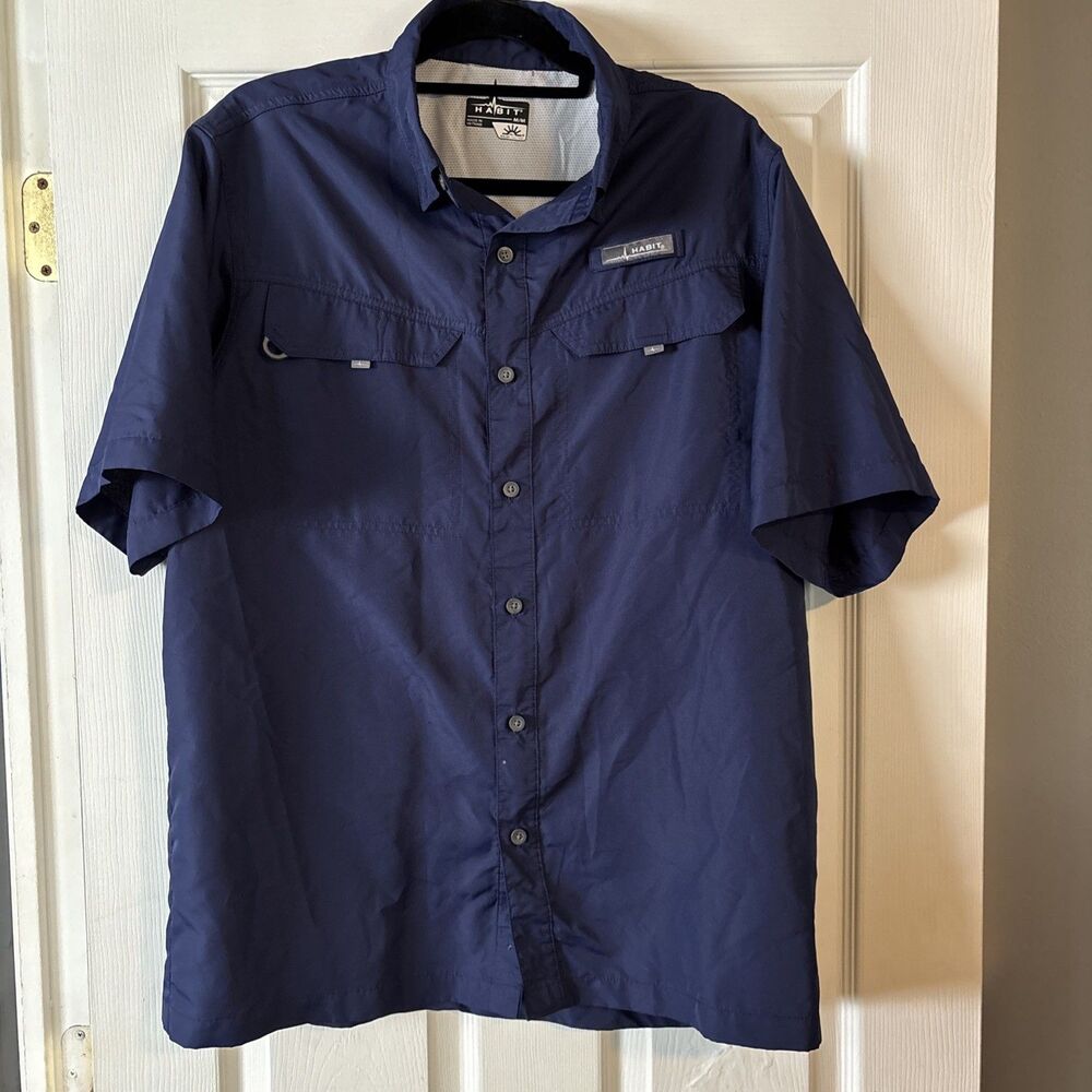 HABIT Fishing Shirt Mens M Blue Vented Short Sleeve Hiking Outdoors Utility